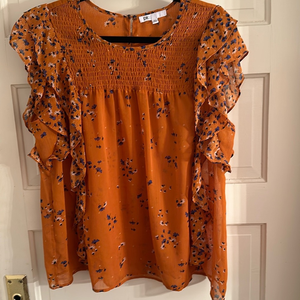 DR2 Burnt Orange Sheer Ruffled Top With Flowers Size XXL